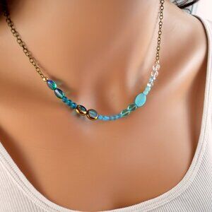 Blue Beaded Asymmetrical Necklace in Antiqued Brass